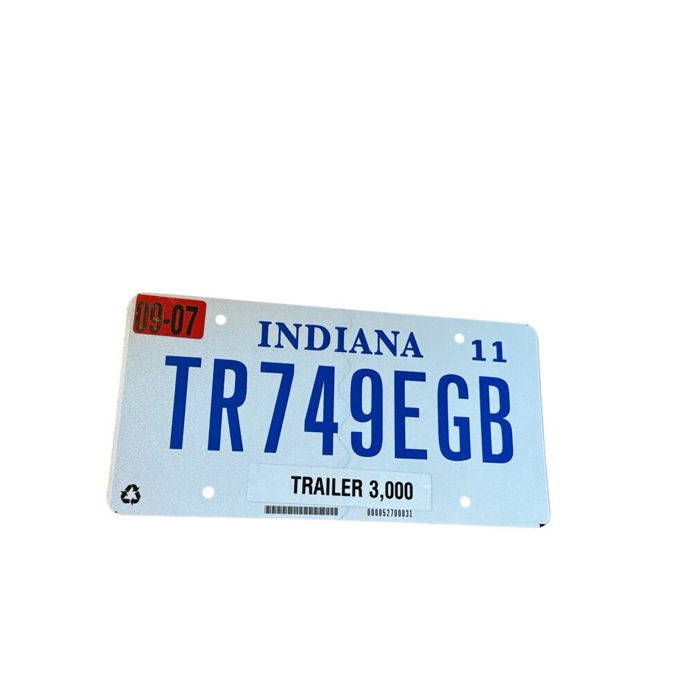 Indiana Trailer License Plate TR749EGB 2007 Tag Transport White Blue Lightweight